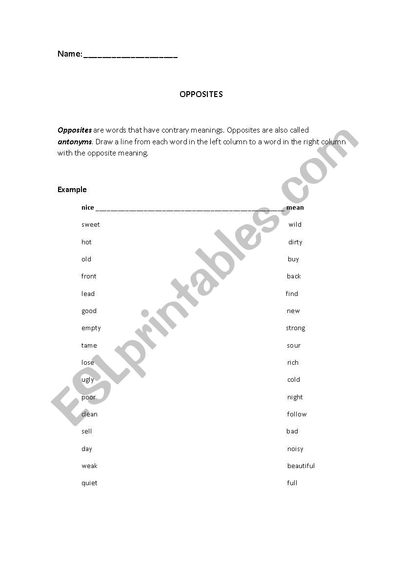 OPPOSITES worksheet