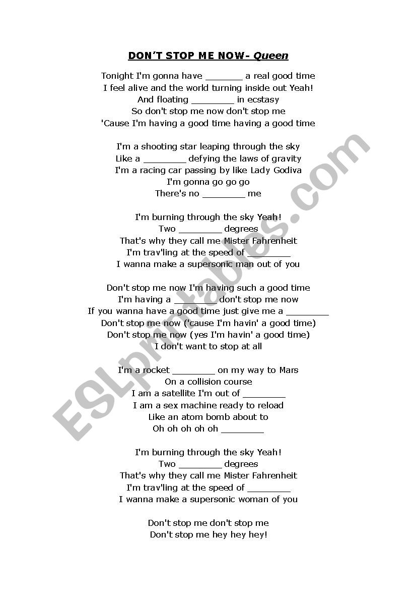 Dont stop me now- Queen worksheet