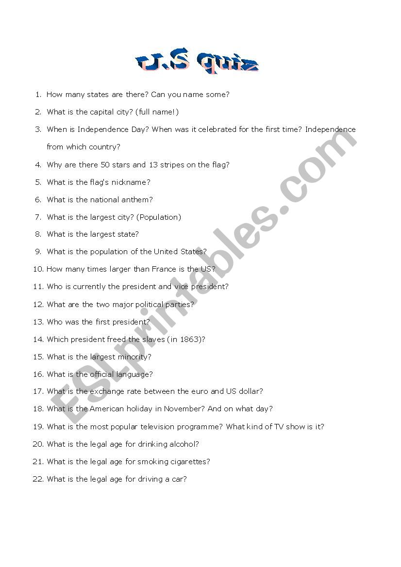 US quiz worksheet