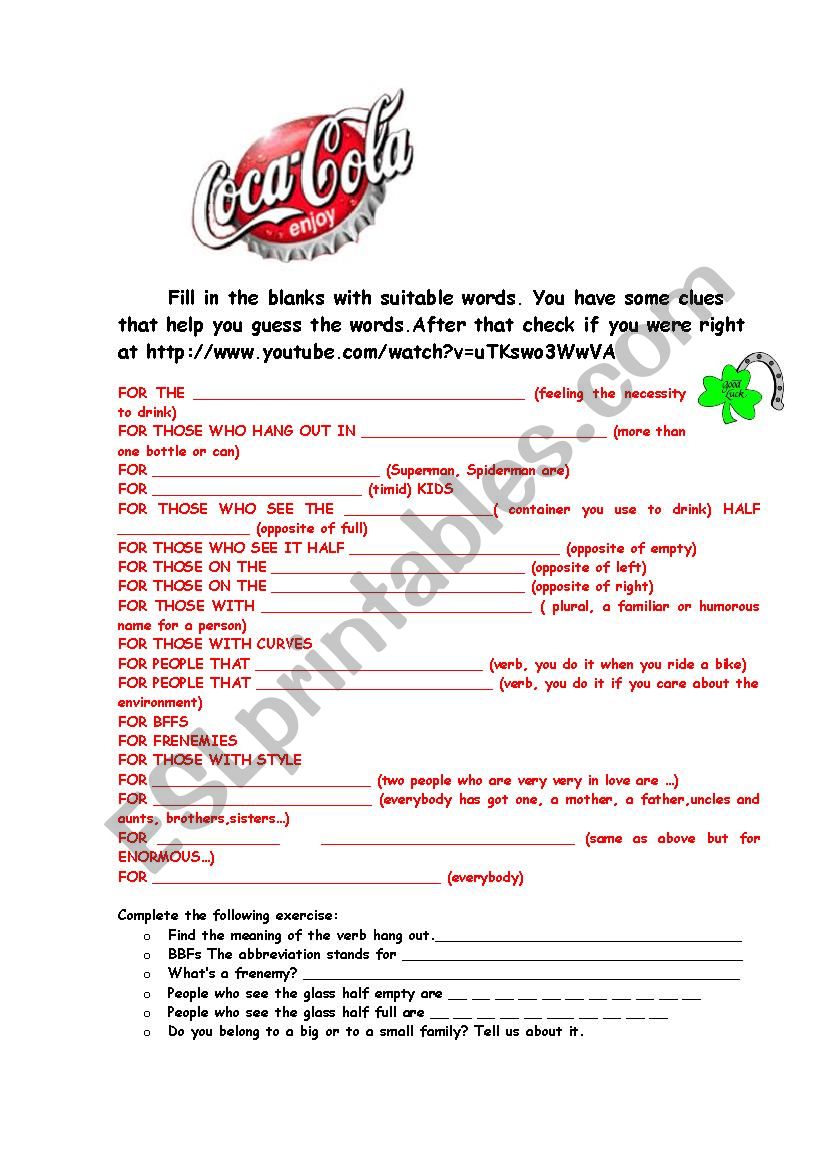 COCA COLA COMMERCIAL worksheet