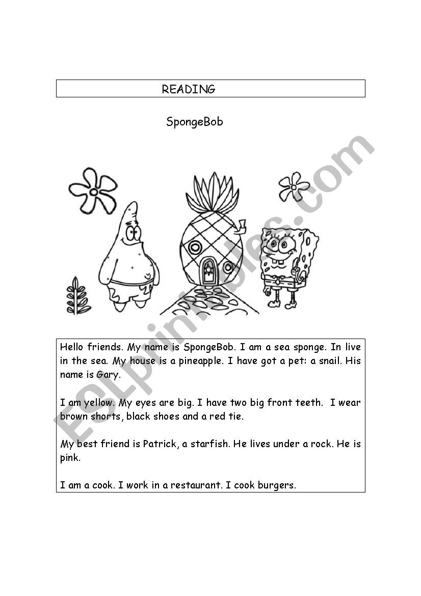 reading: SpongeBob worksheet