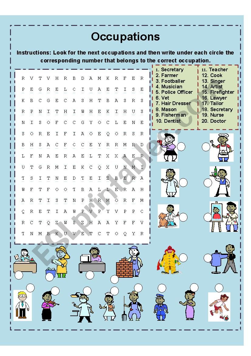 Occupations Matching and Crossword Puzzle