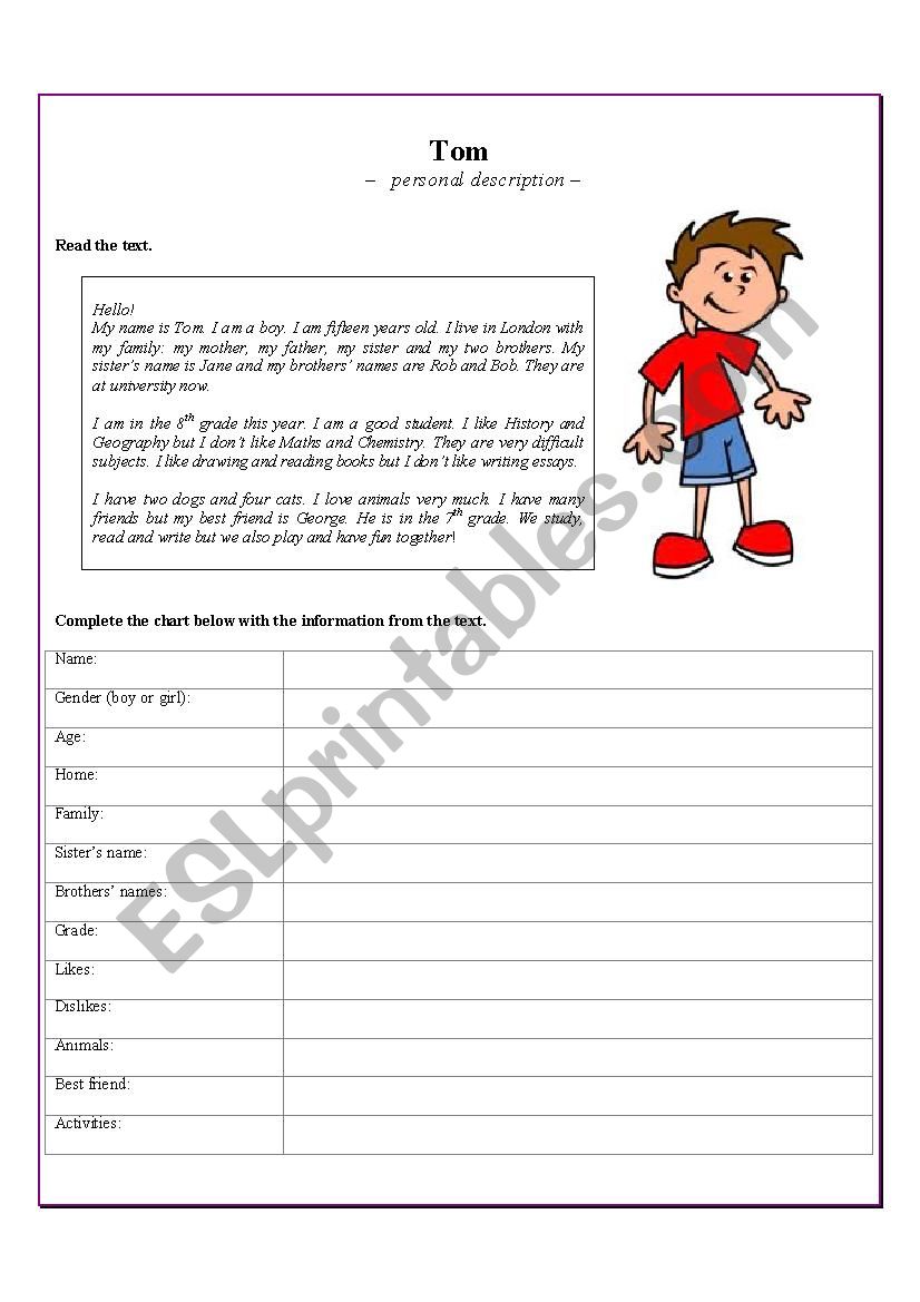 Personal description  worksheet