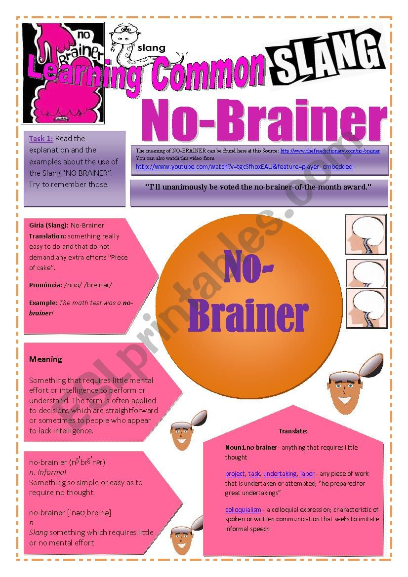 SLANG - Learning Common Slang - NO-BRAINER Part 1 of  2 (3 pages) -VIDEO LINK - A complete worksheet with many exercises and instructions