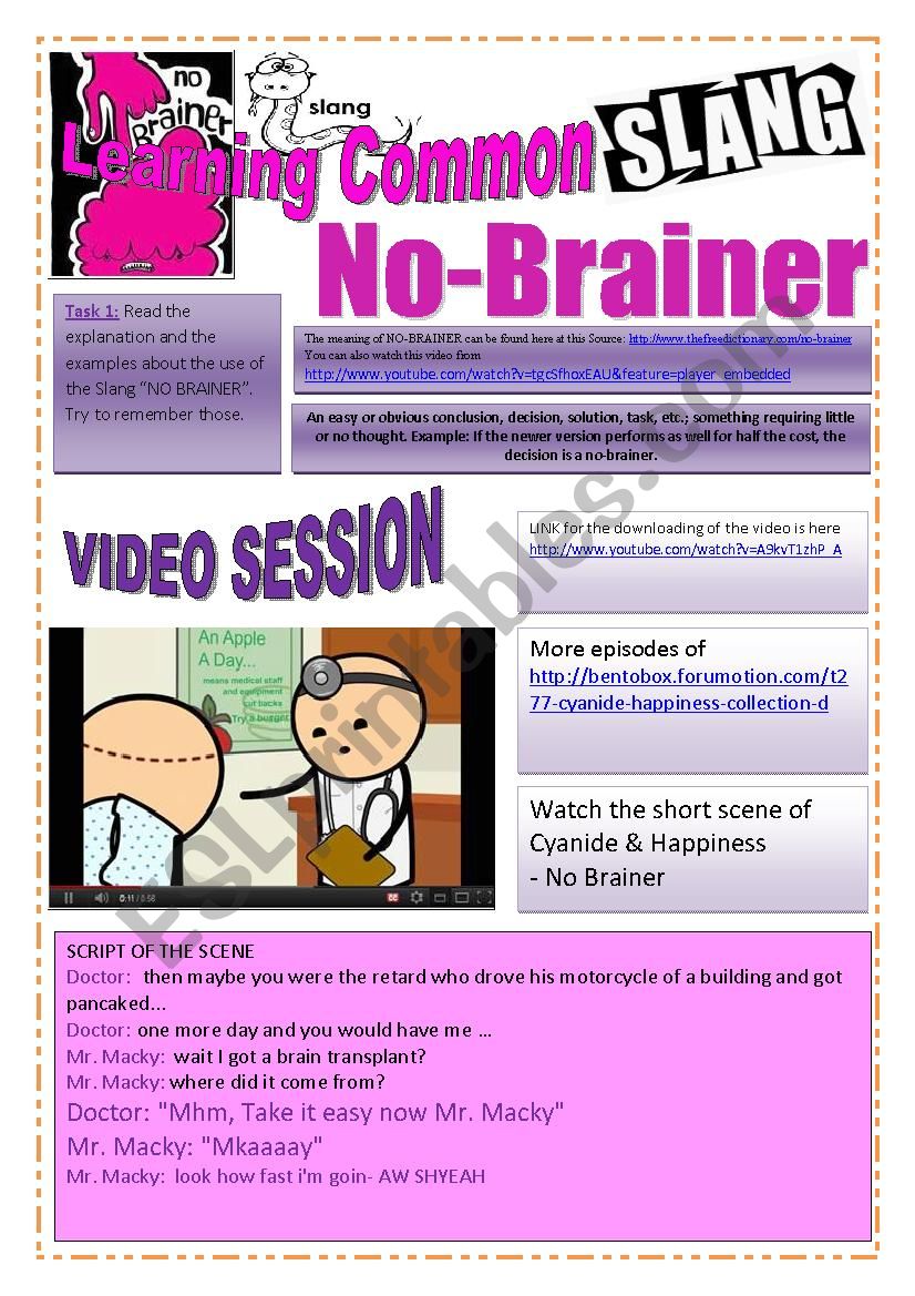 SLANG - Learning Common Slang - NO-BRAINER Part 2 of 2 (8 pages) -VIDEO LINK - A complete worksheet with many exercises and instructions