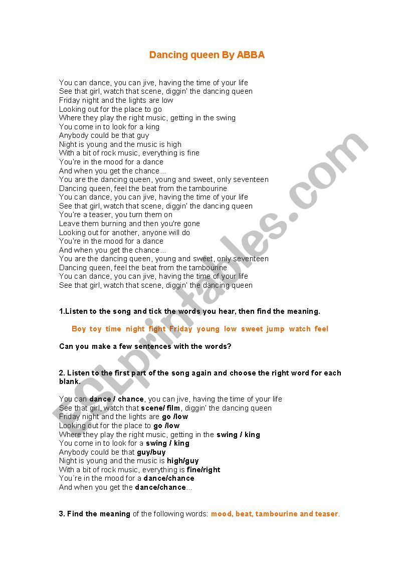 SONG: DANCING QUEEN - ESL worksheet by yaluf