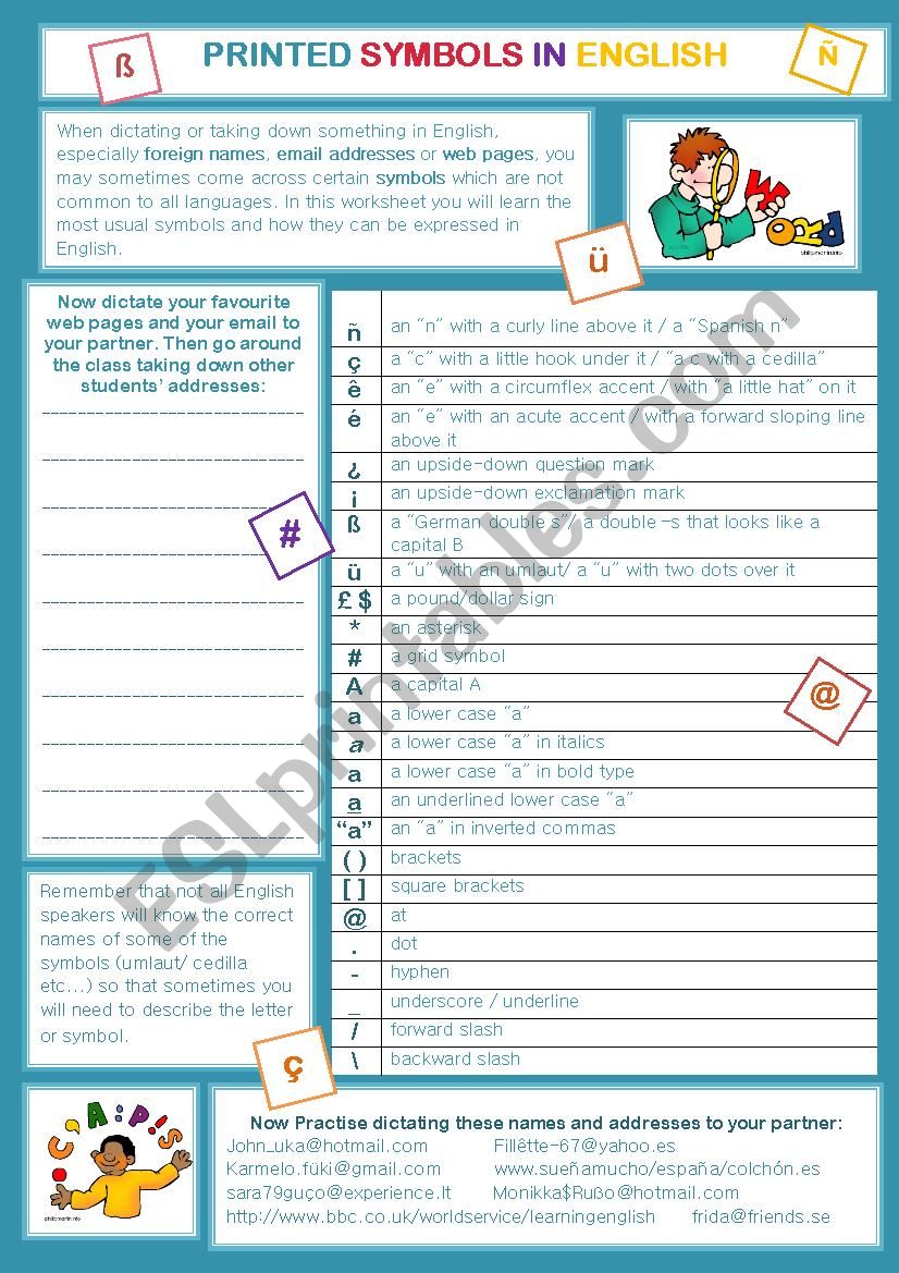 Printed symbols in English worksheet