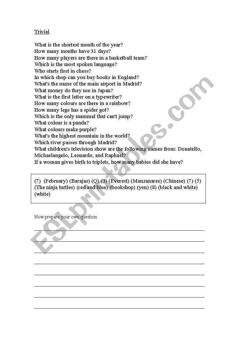 questions trivial game worksheet