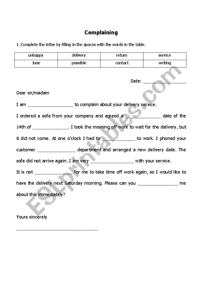 Complaining worksheet