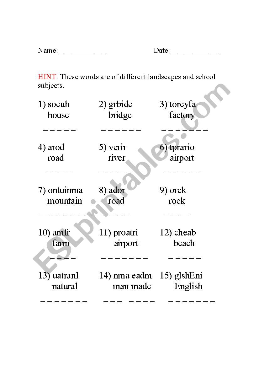 landscape vocabulary worksheet