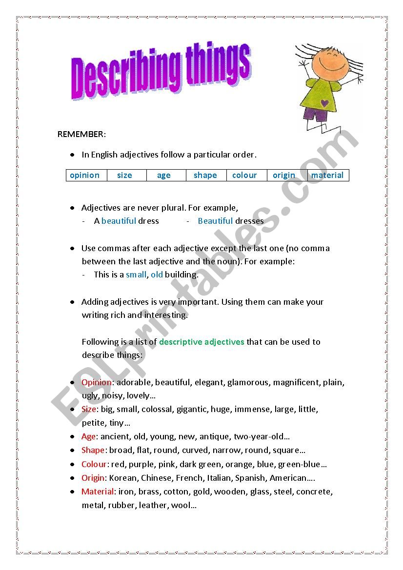 Describing things worksheet