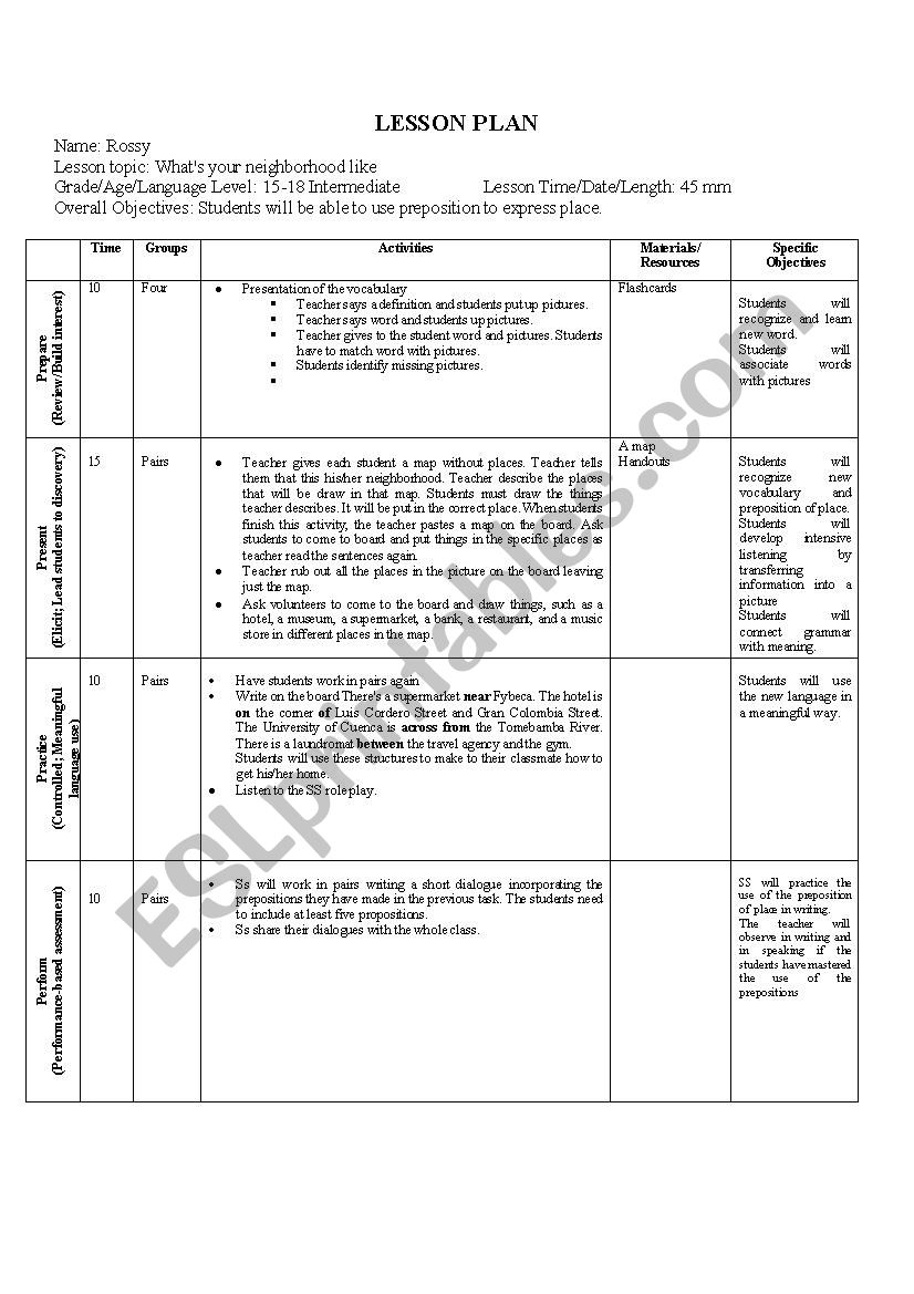 Lesson Plan prepositions worksheet