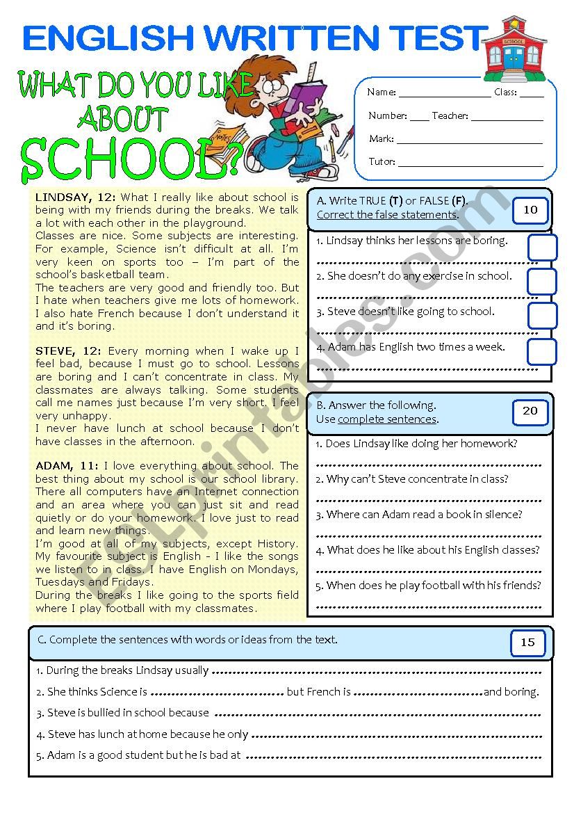 TEST (7th form) on SCHOOL (key included)