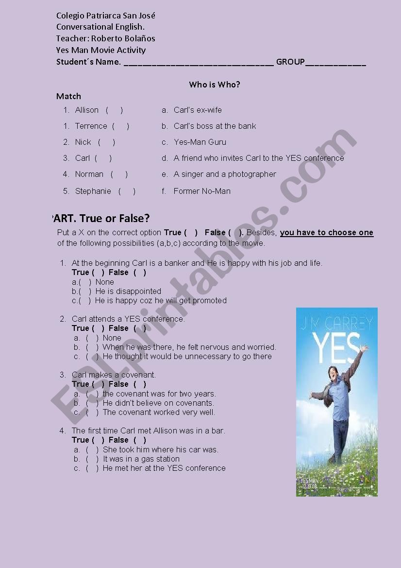 Movie Review Yes Man Jim Carrey ESL Worksheet By Roboque2