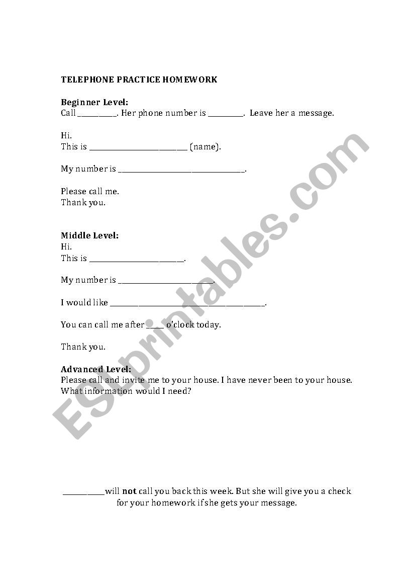 Telephone Practice worksheet