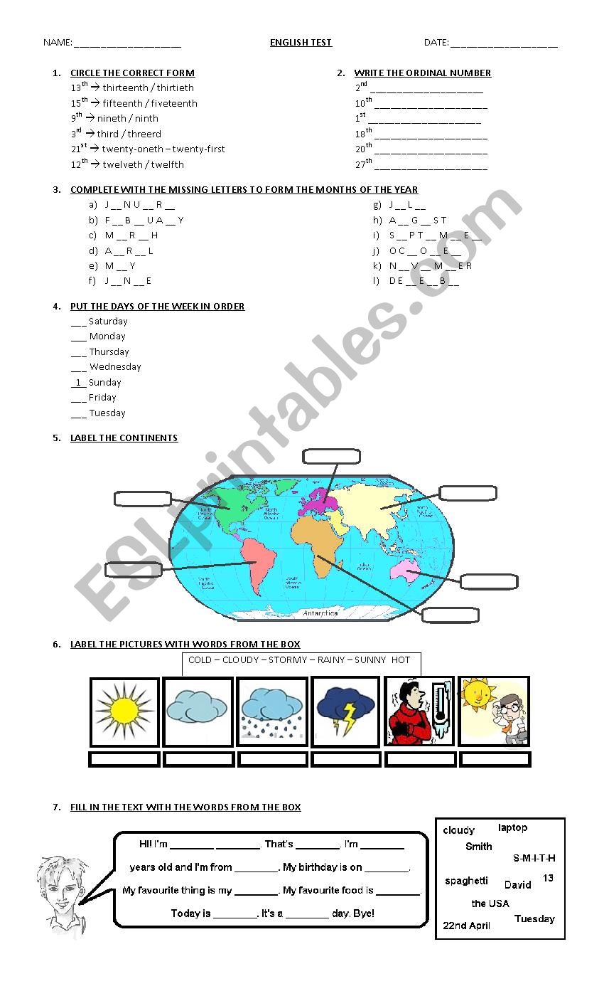 ENGLISH TEST - Ordinal numbers, months, days, continents, weather, personal information