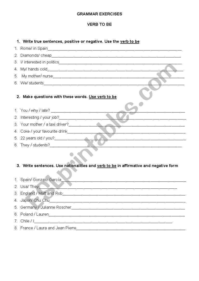 verb to be worksheet