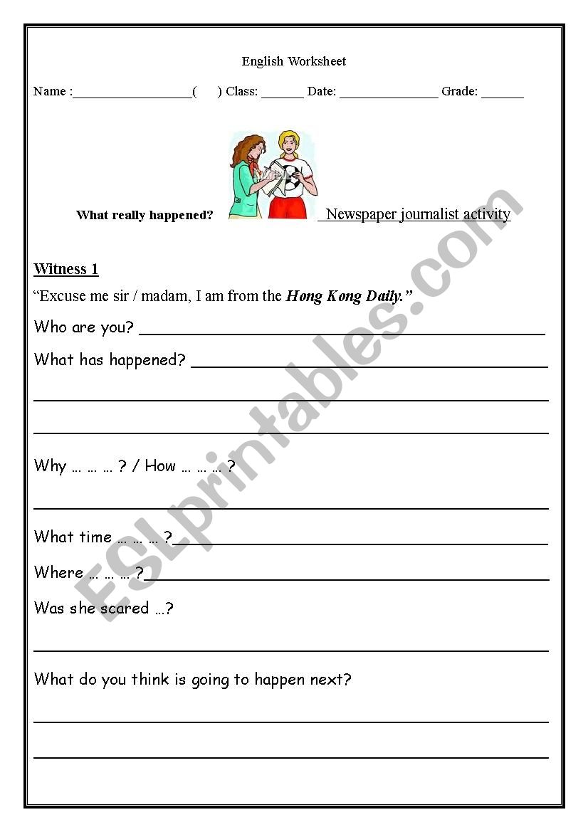 Reporter or journalist activity sheets