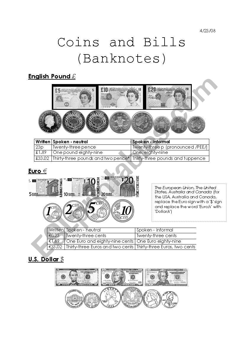 Bills and Coins worksheet