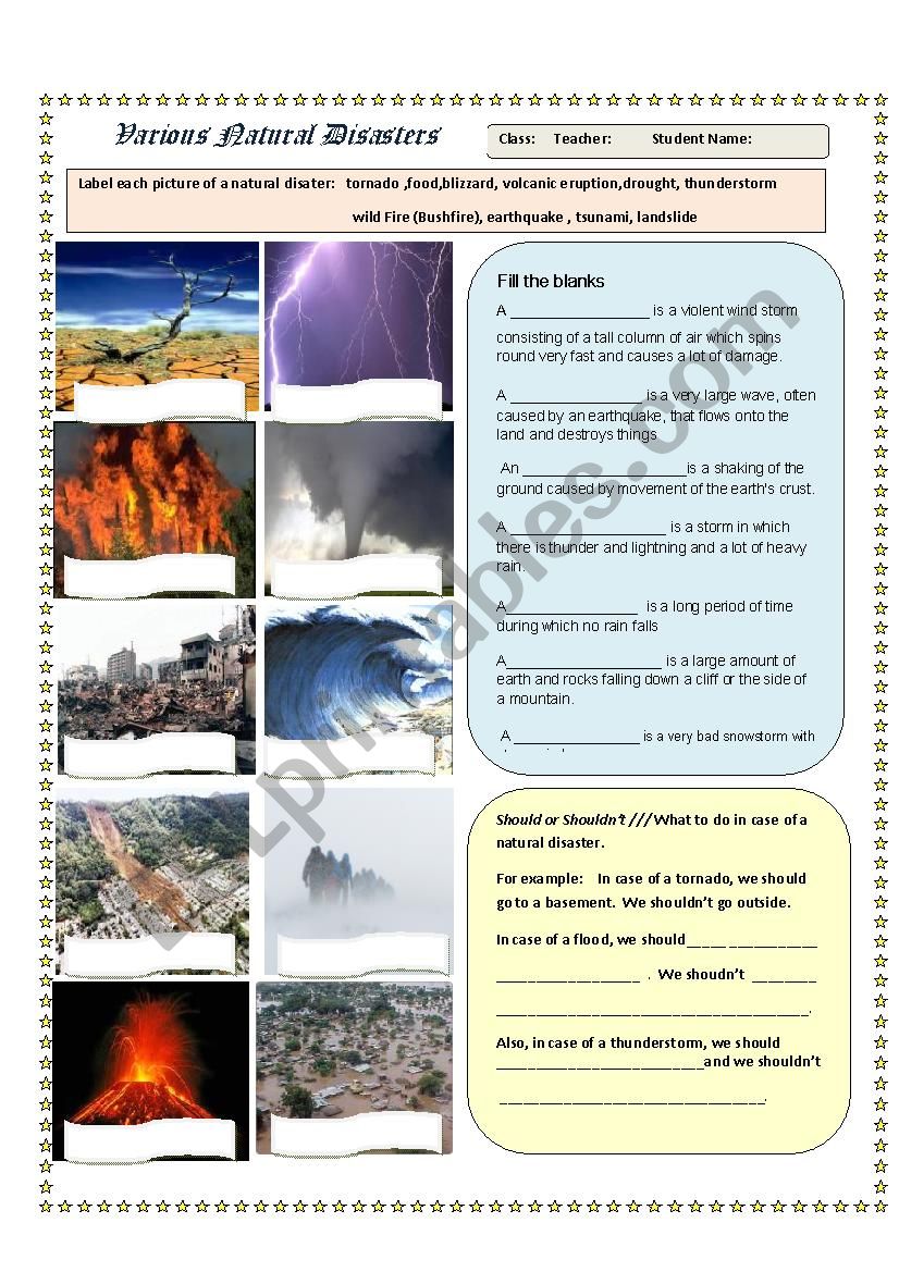 Natural Disasters Worksheet - Pics and Qs