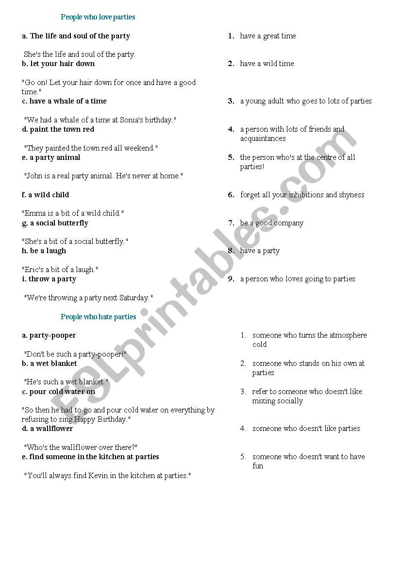 party idioms worksheet