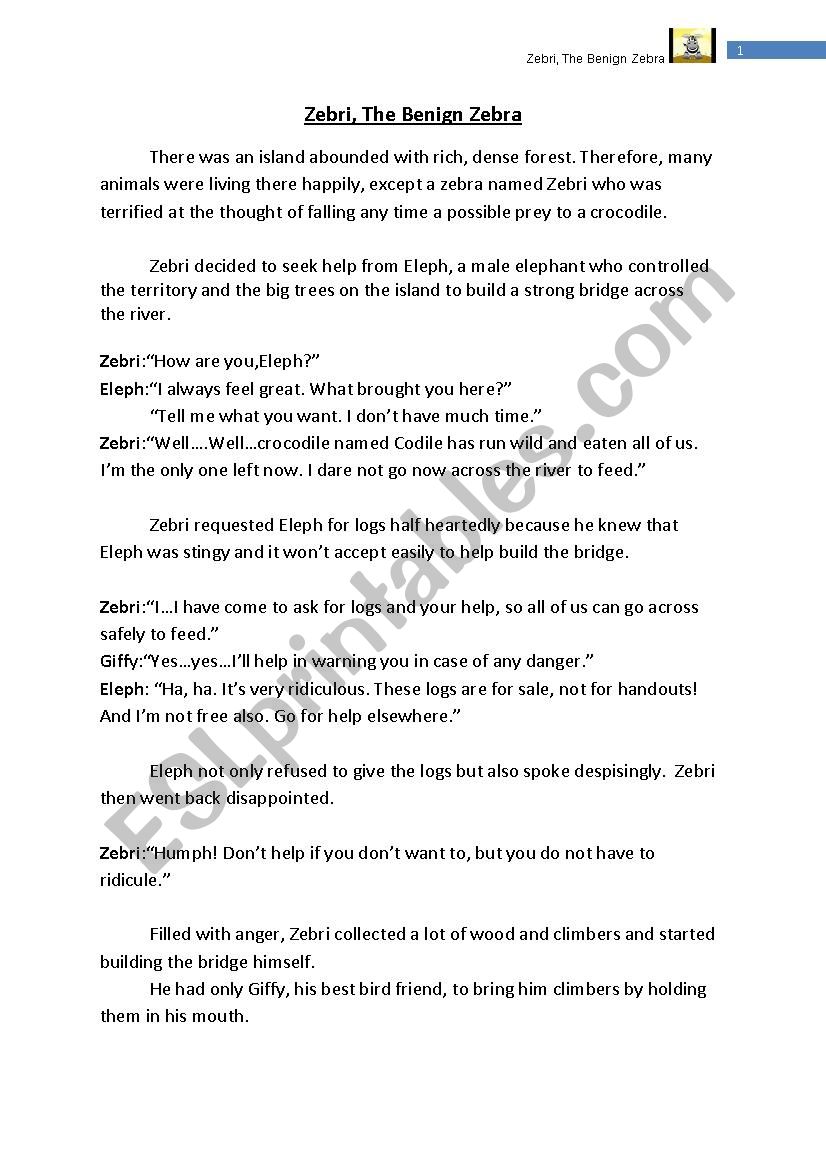 Zebri the benign zebra story worksheet