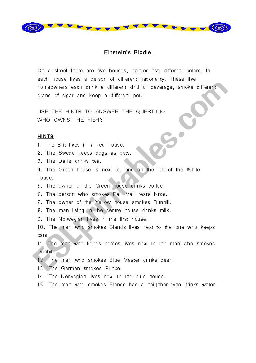 Einsteins Riddle worksheet