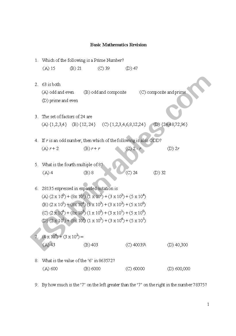 Math Review for Teenagers worksheet