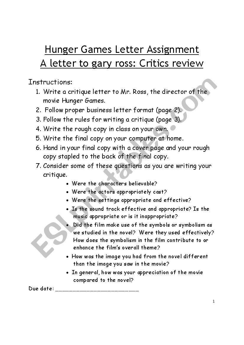 Hunger Games Letter assignment