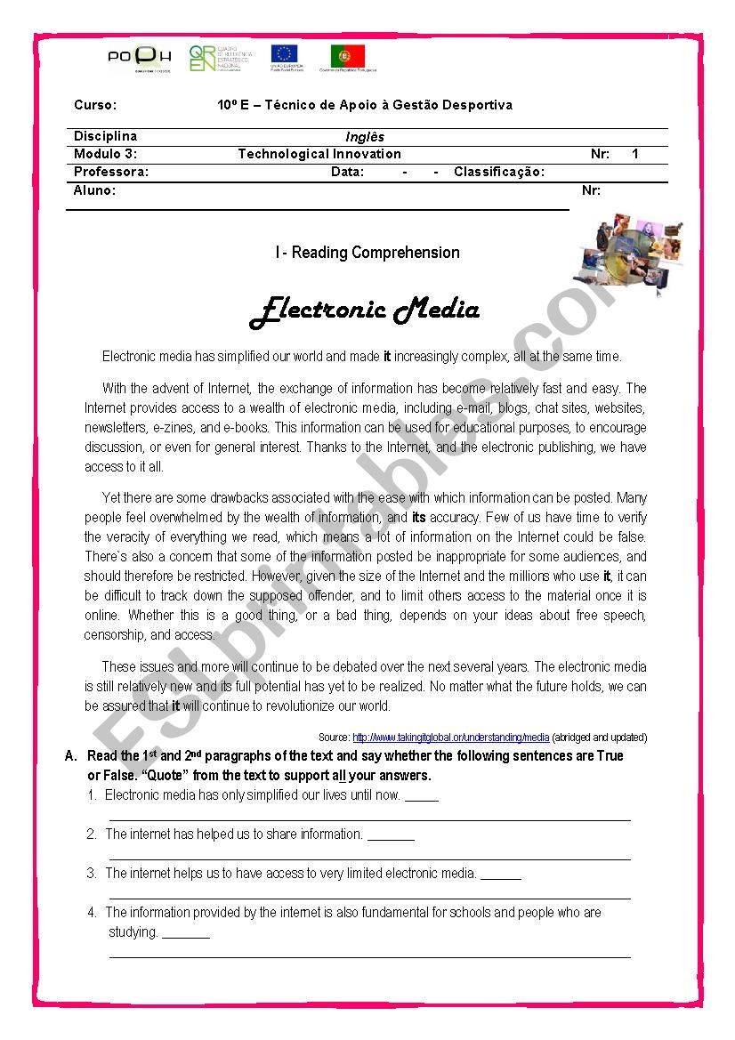 Test - electronic Media  worksheet