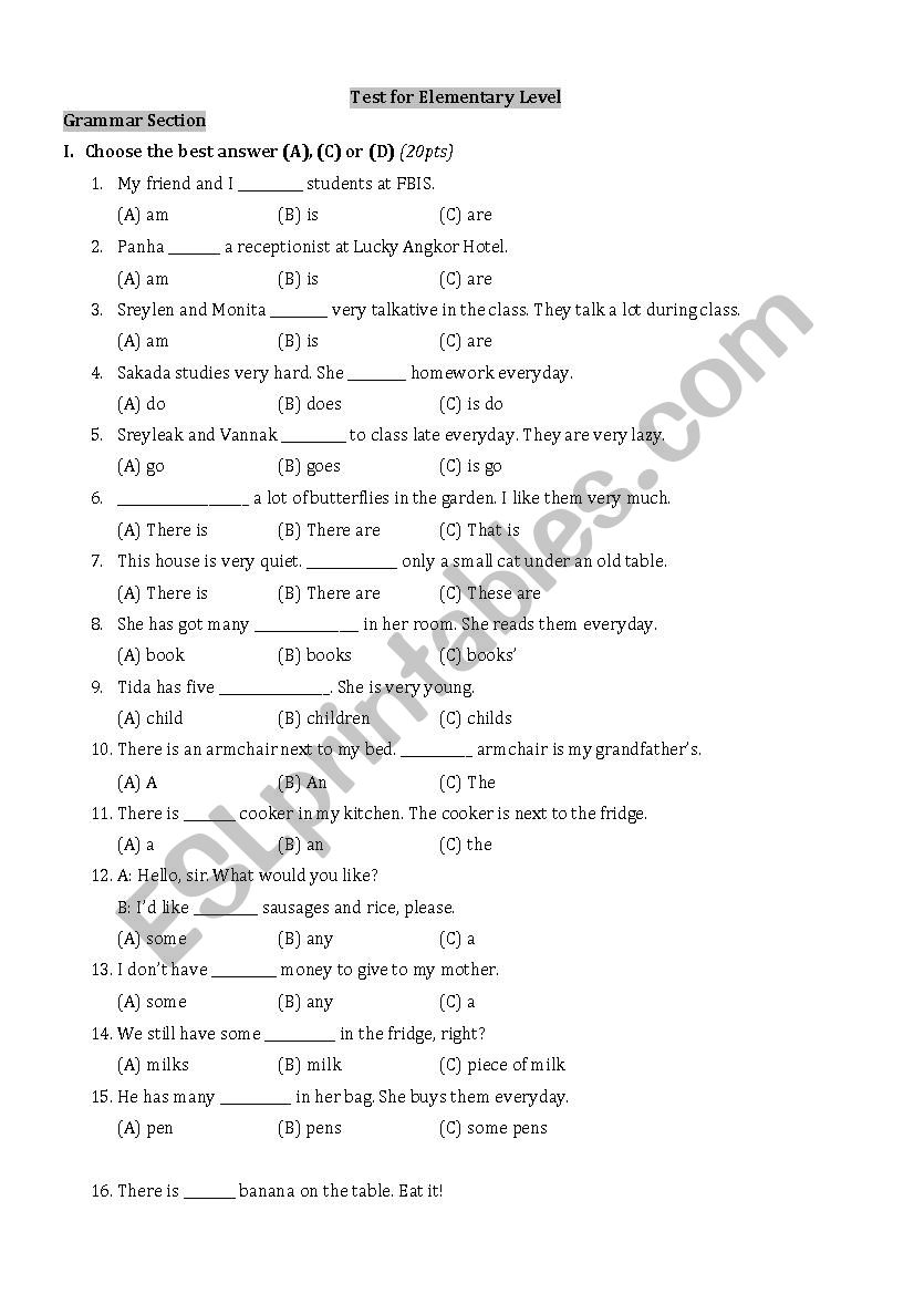 Test for Elementary Level worksheet
