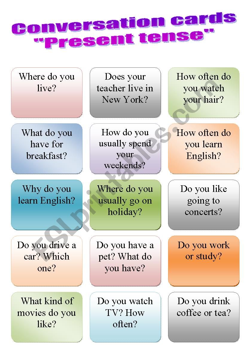 Present tense question cards worksheet