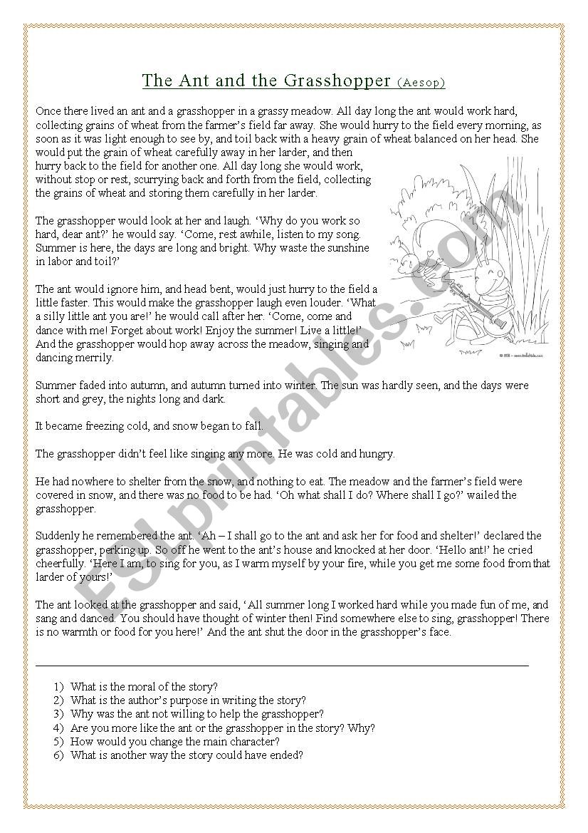 The ant and the grasshopper worksheet