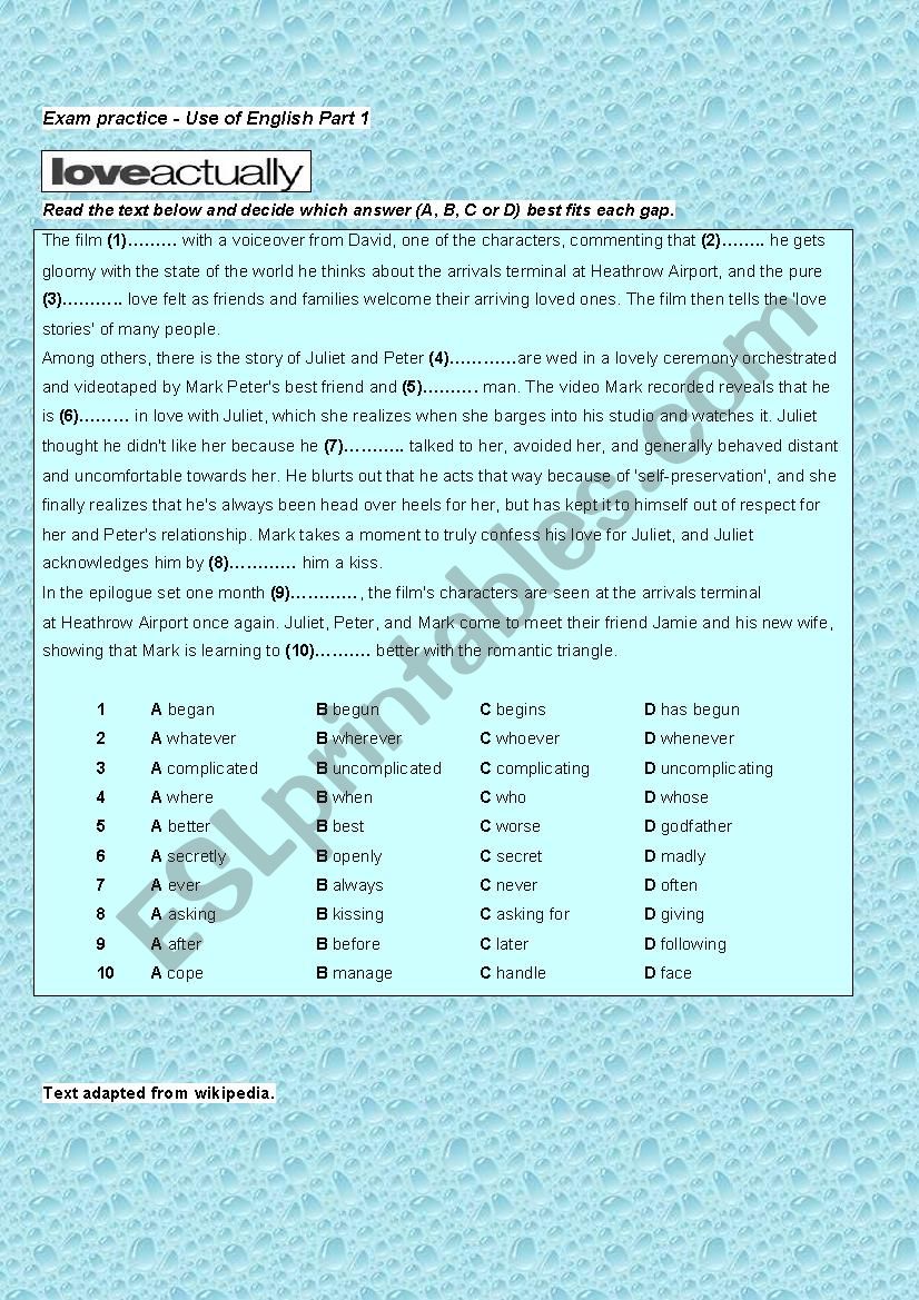 LOVE ACTUALLY-FCE Exam practice- Use of English part 1