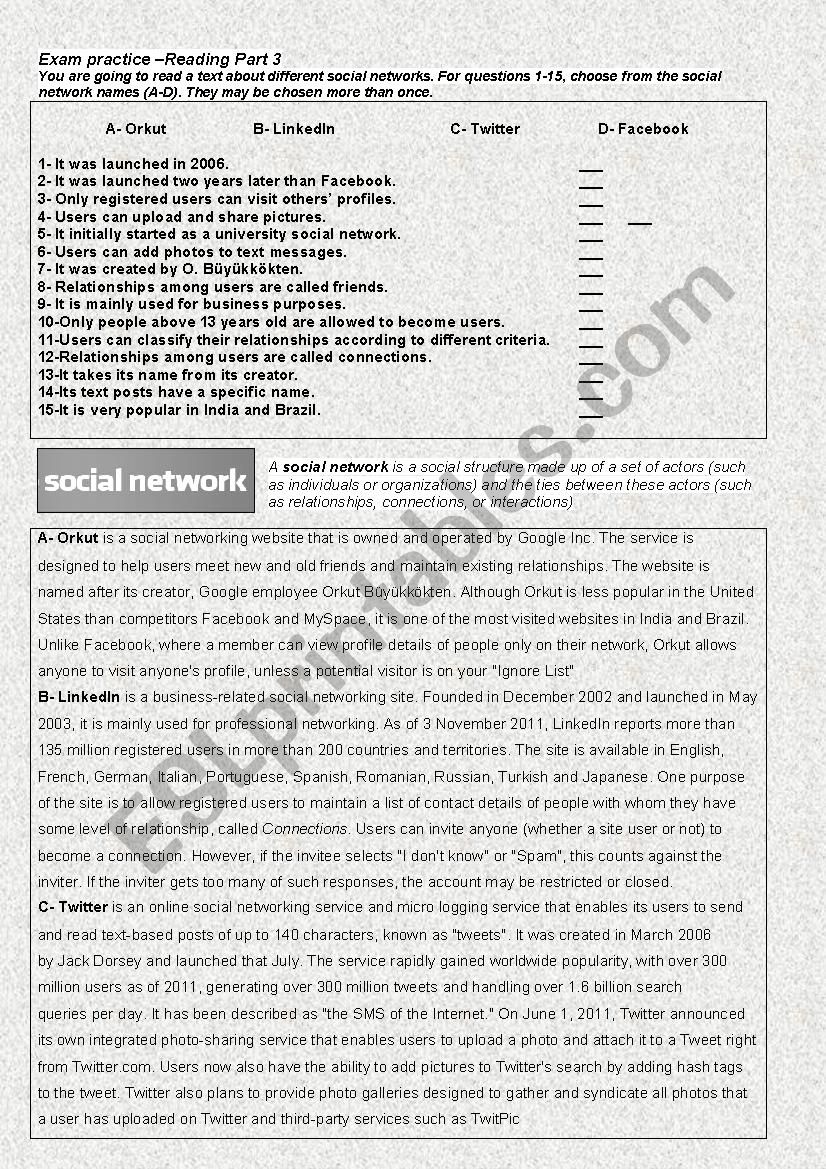SOCIAL NETWORK- FCE Exam reading part 3 practice
