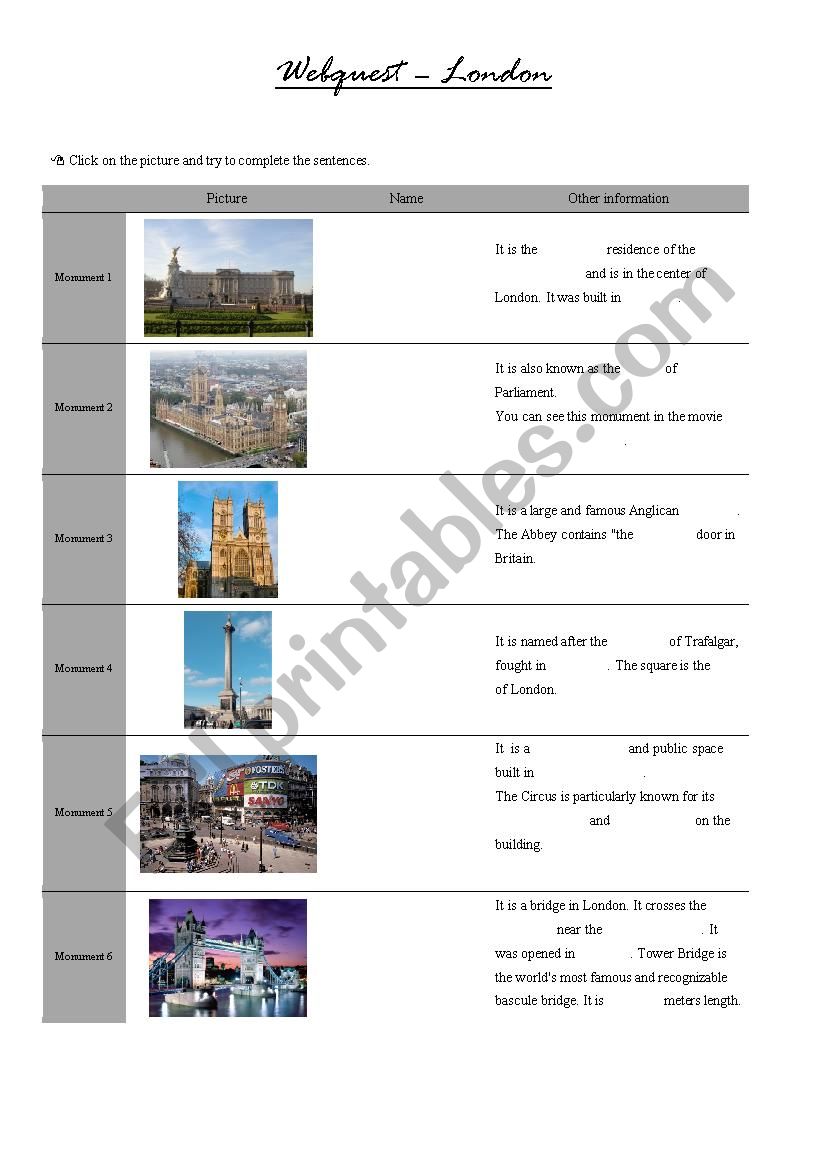 Webquest London worksheet