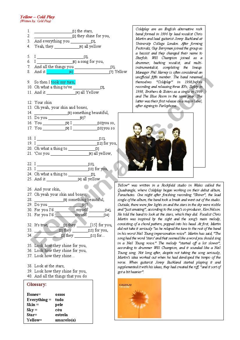 Yellow  Cold Play worksheet