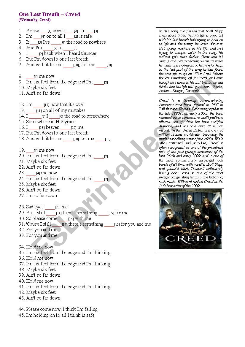 One Last Breath  Creed worksheet