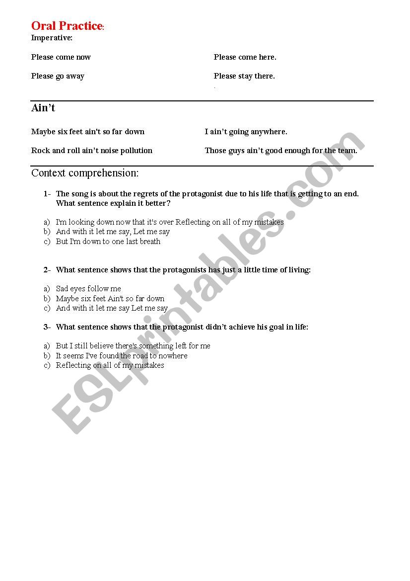 My Sacrifice - Creed - ESL worksheet by Mainly