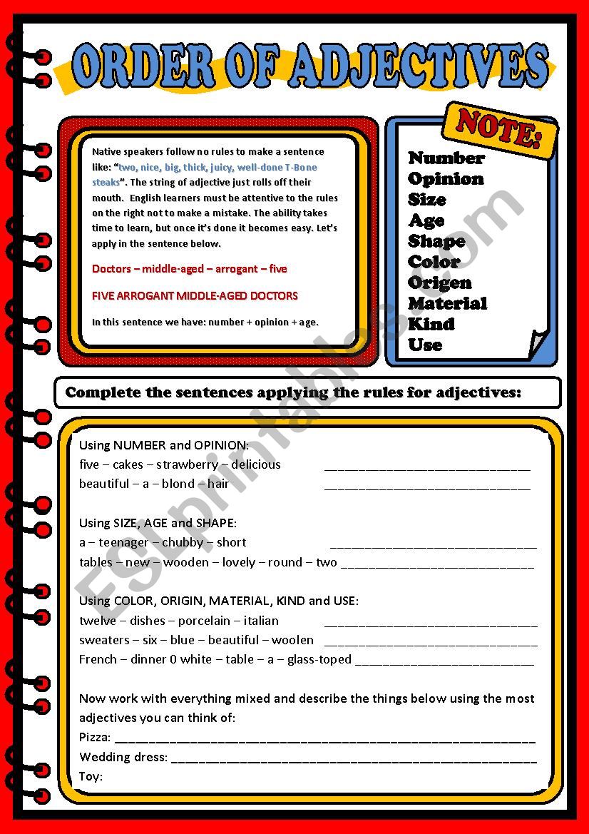 String of adjectives for Advanced Students