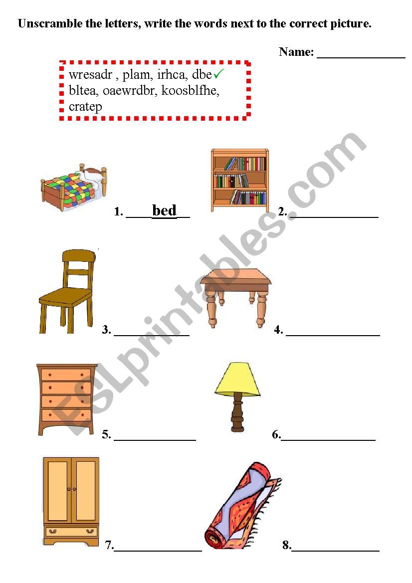 furniture worksheet