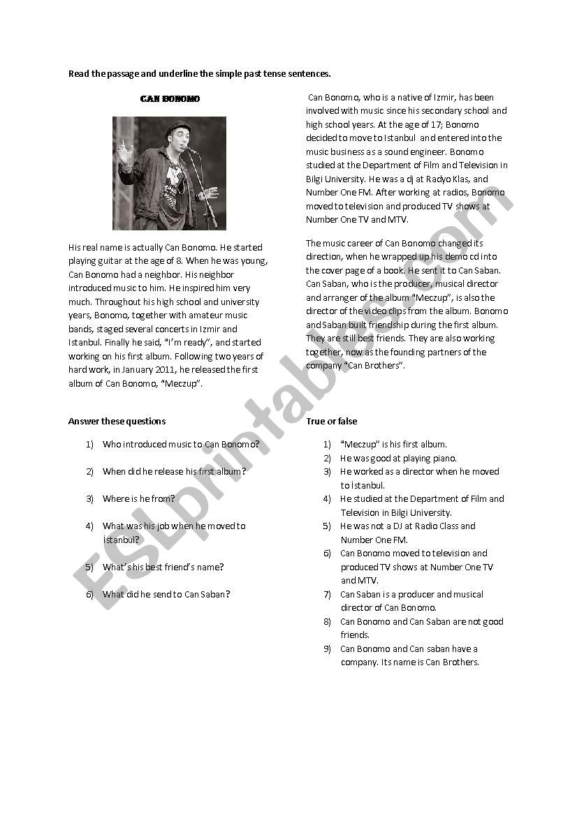 Eurovision 2012 Can Bonomo worksheet