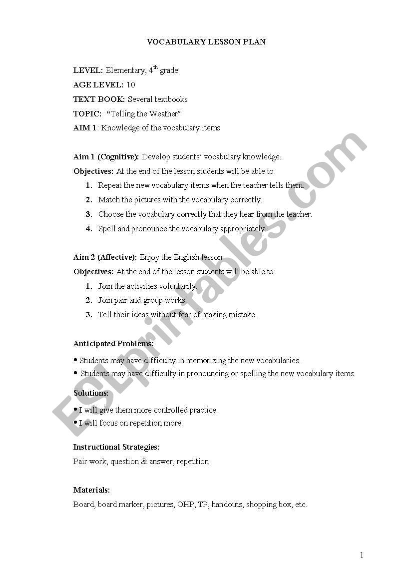 weather lesson plan worksheet