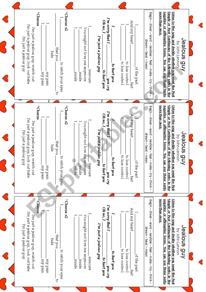 jealous guy by john lennon worksheet
