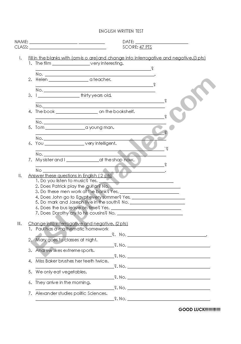 english written test simple present