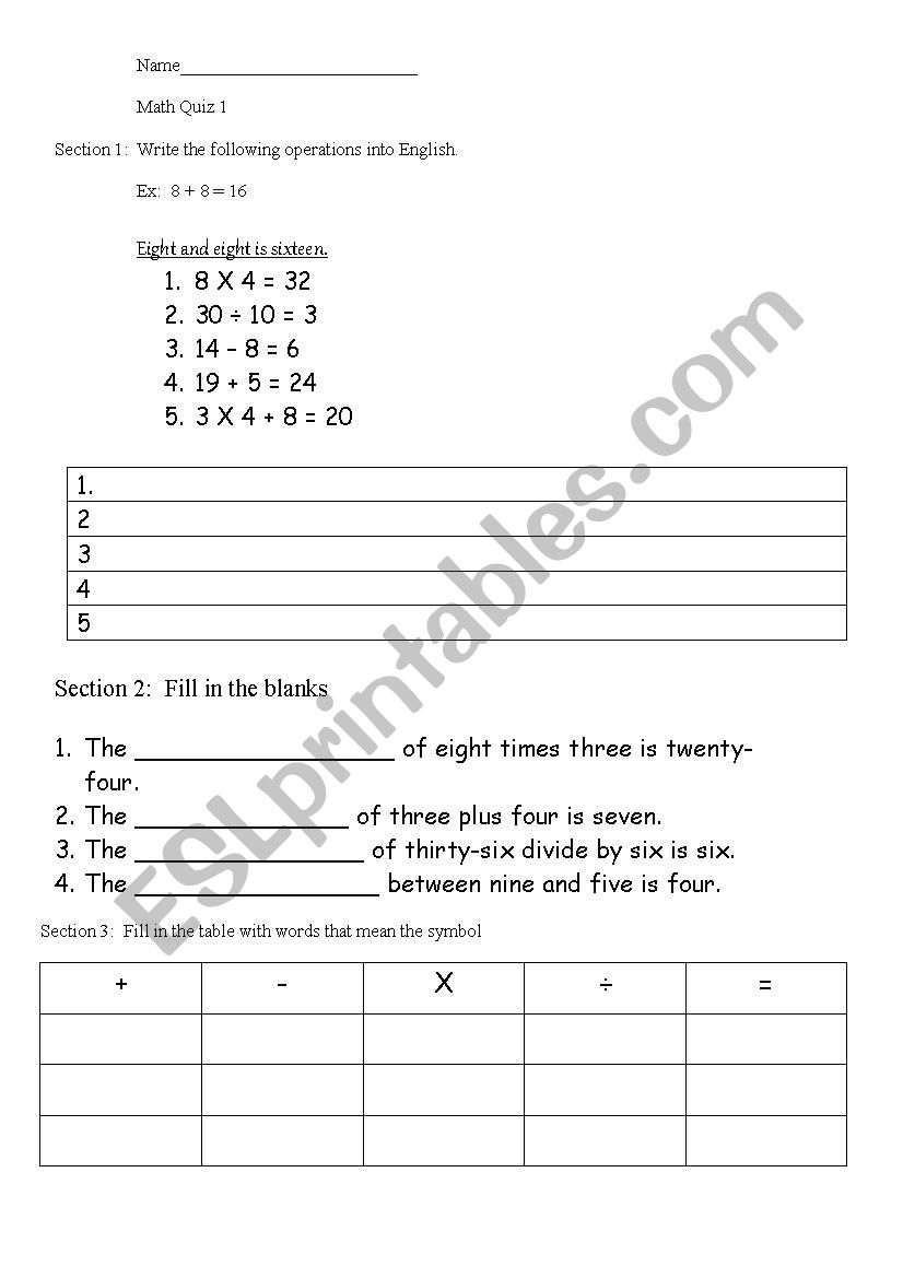 English for Mathematics worksheet