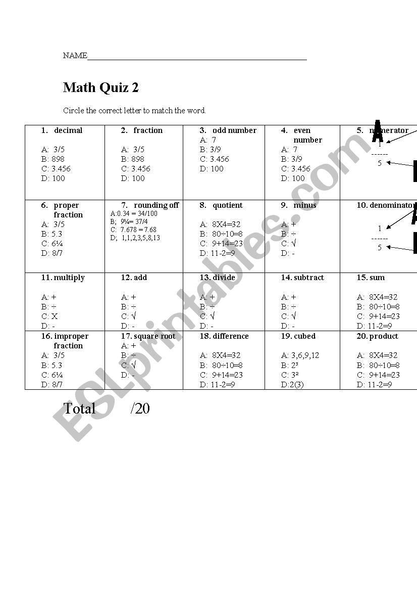 English for Mathematics worksheet