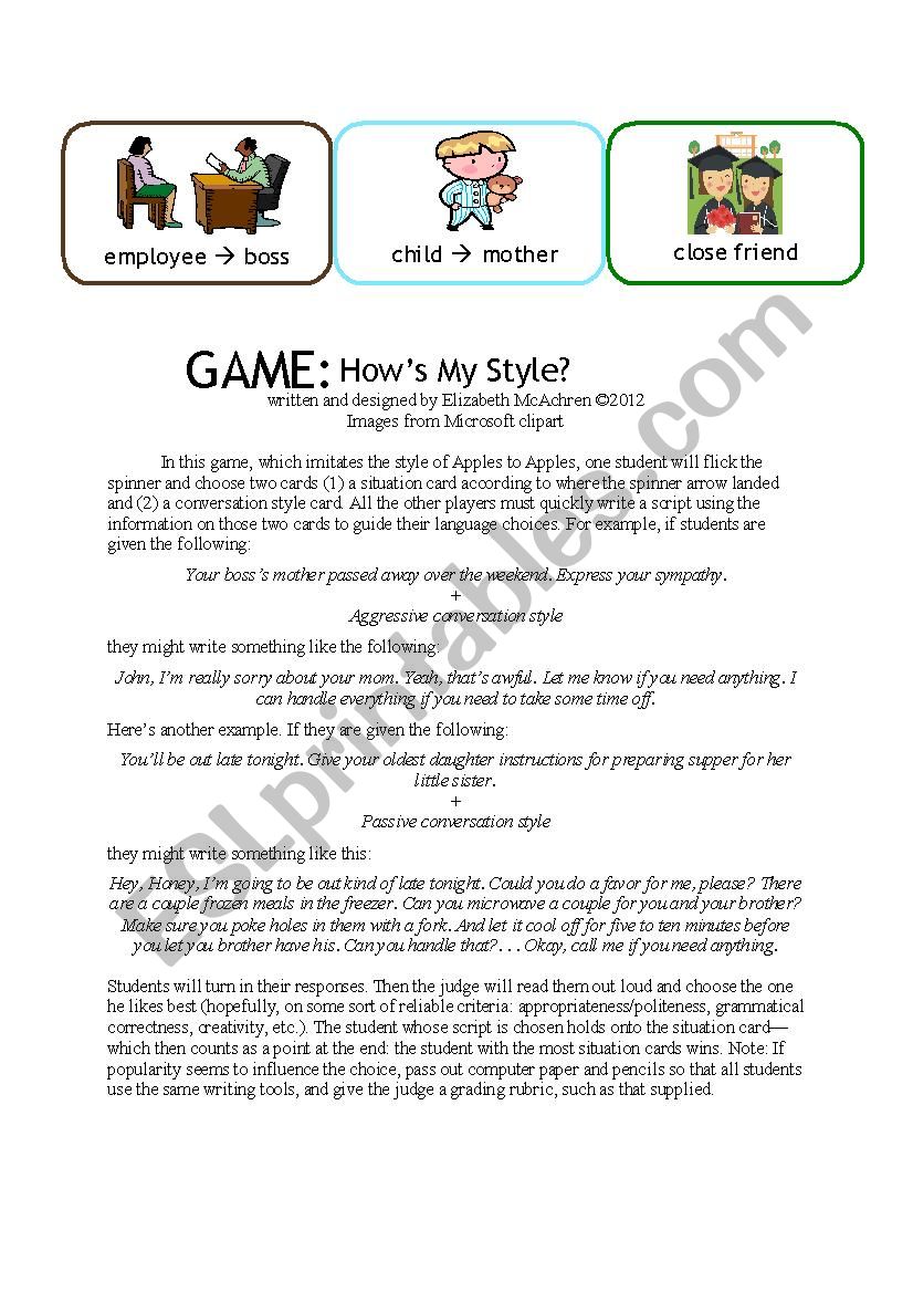 Hows My Style? game  worksheet