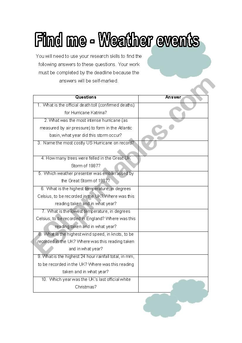 find me---weather event worksheet