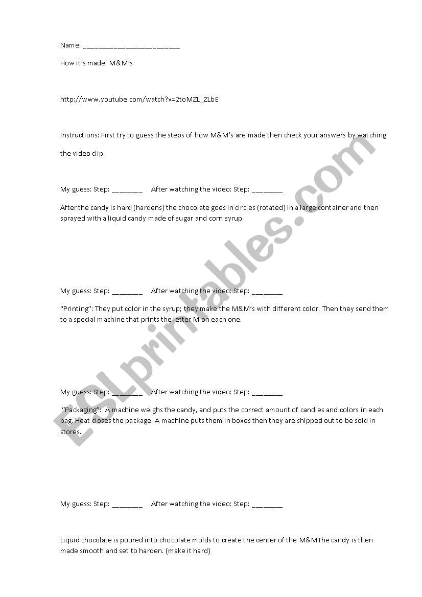 How its made: M&Ms worksheet